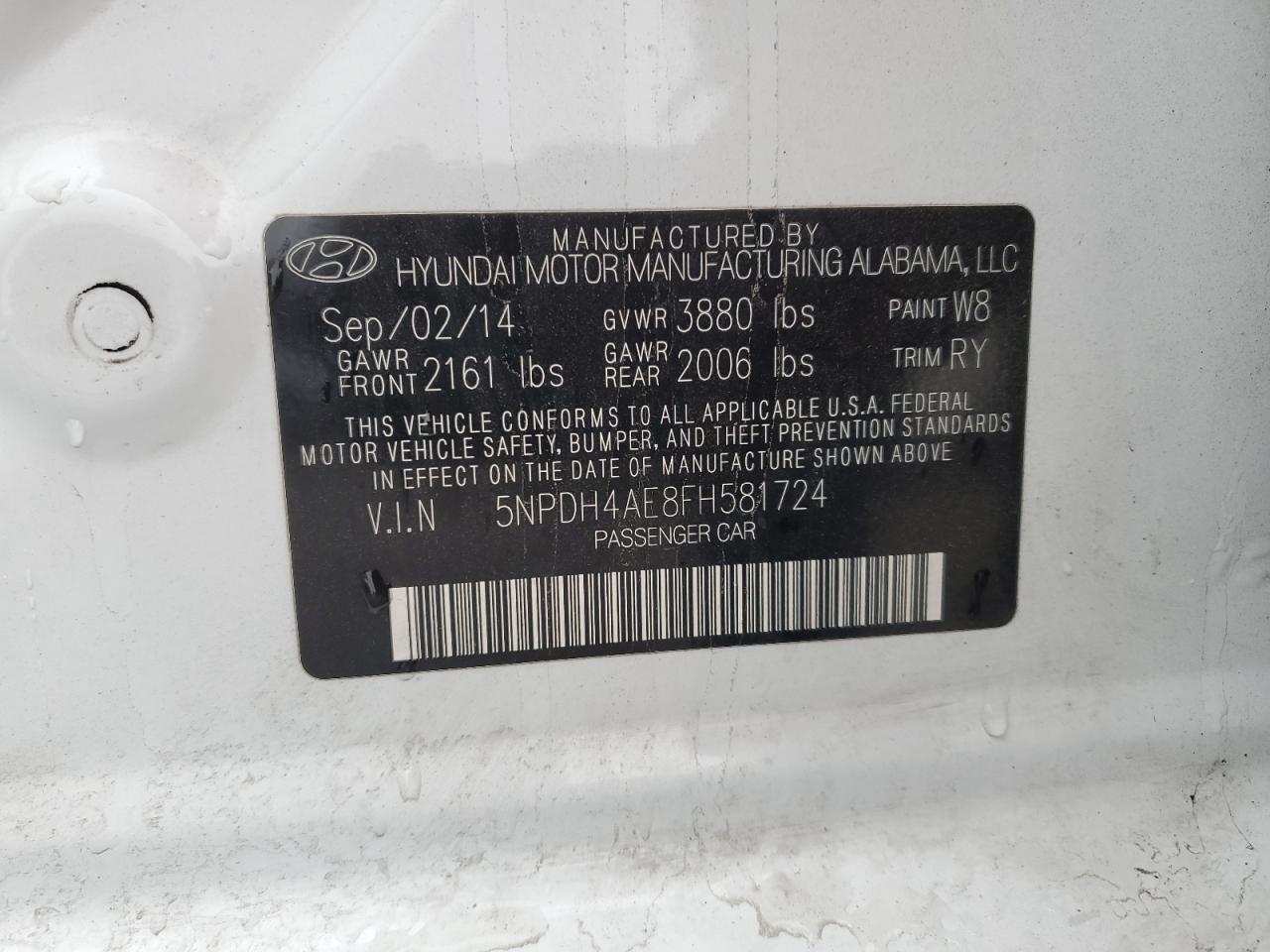 2015 Hyundai Elantra VIN 5NPDH4AE8FH581724 Copart auction photo, front end / side damage thumbnail 13