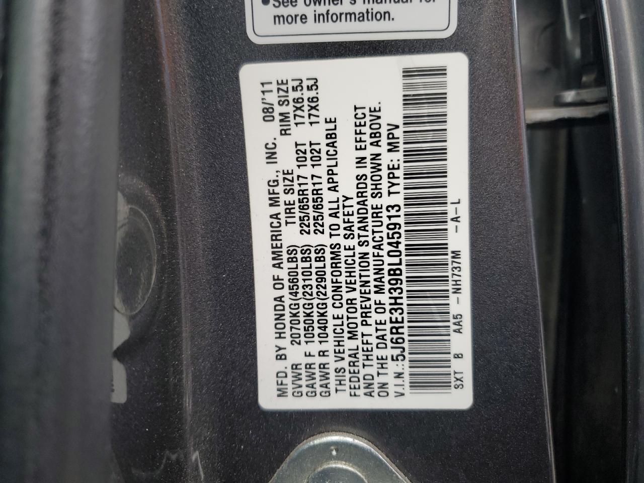 2011 Honda CR-V VIN 5J6RE3H39BL045913 Copart auction photo, rear end damage thumbnail 13