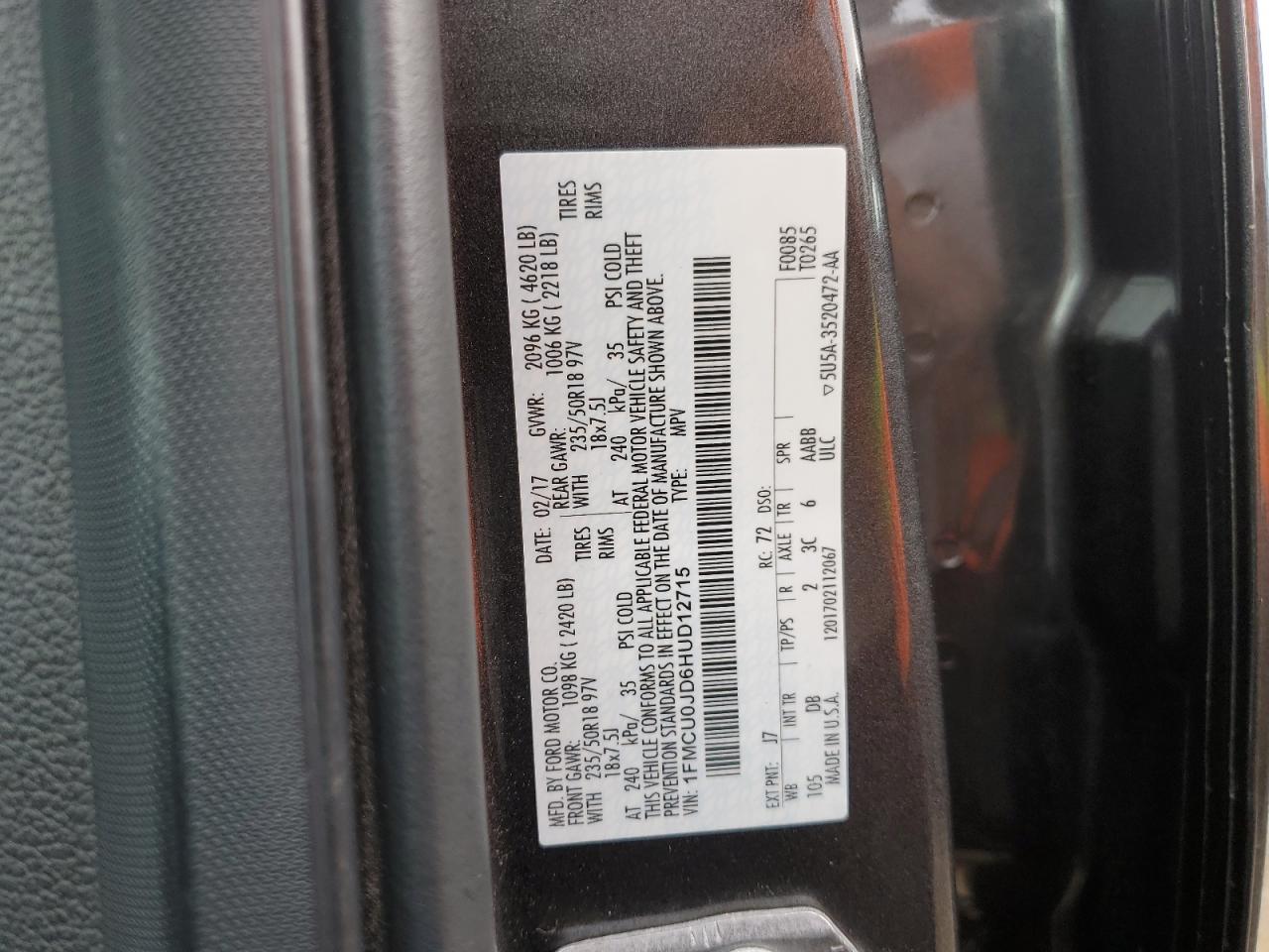 2017 Ford Escape VIN 1FMCU0JD6HUD12715 Copart auction photo, minor dent/scratches damage thumbnail 13