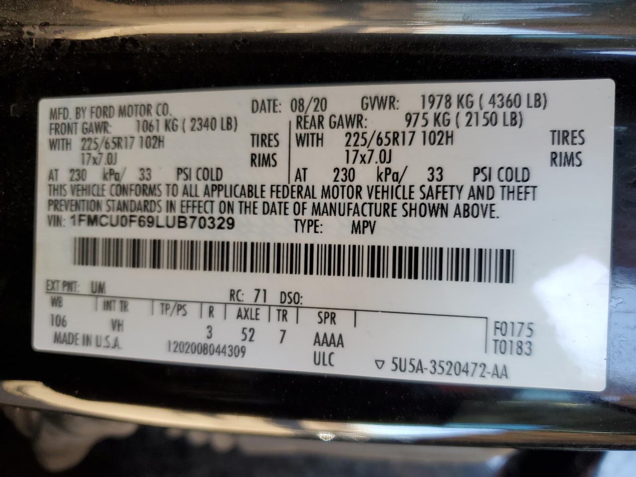 2020 Ford Escape VIN 1FMCU0F69LUB70329 Copart auction photo, front end damage thumbnail 14
