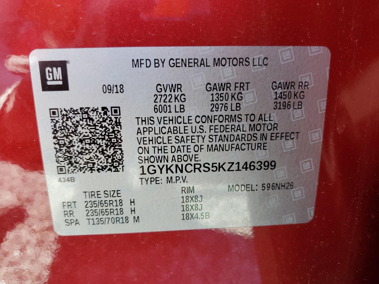 2019 Cadillac XT5 VIN 1GYKNCRS5KZ146399 Copart auction photo, side damage thumbnail 13