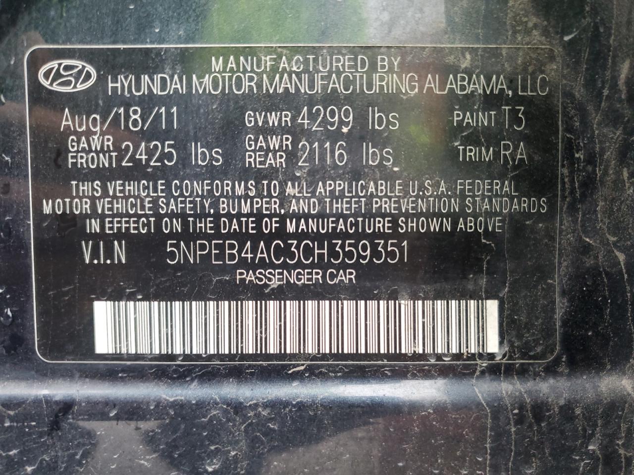 2012 Hyundai Sonata VIN 5NPEB4AC3CH359351 Copart auction photo, vandalism / minor dent/scratches damage thumbnail 12