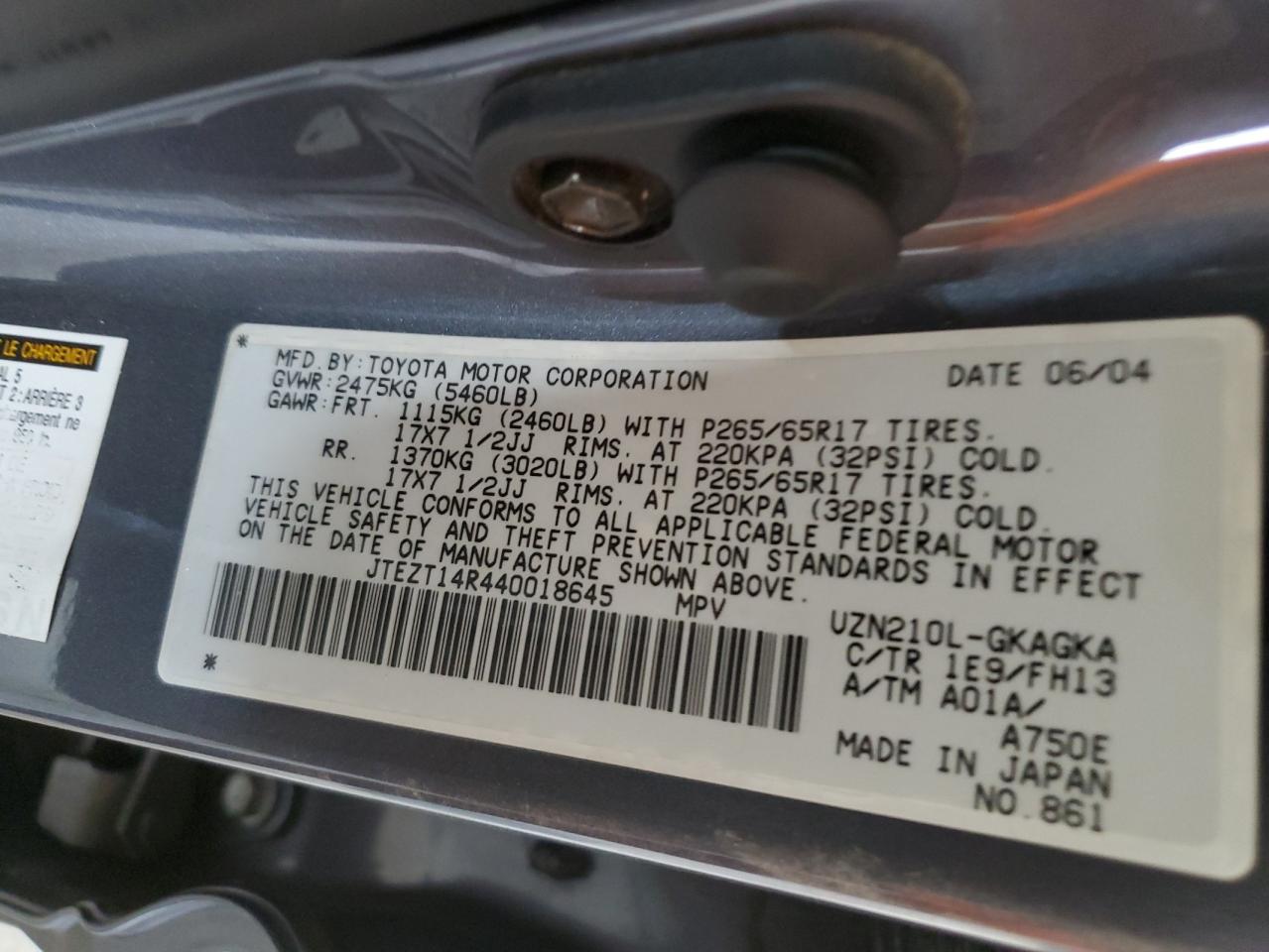 2004 Toyota 4Runner VIN JTEZT14R440018645 Copart auction photo, all over / side damage thumbnail 14