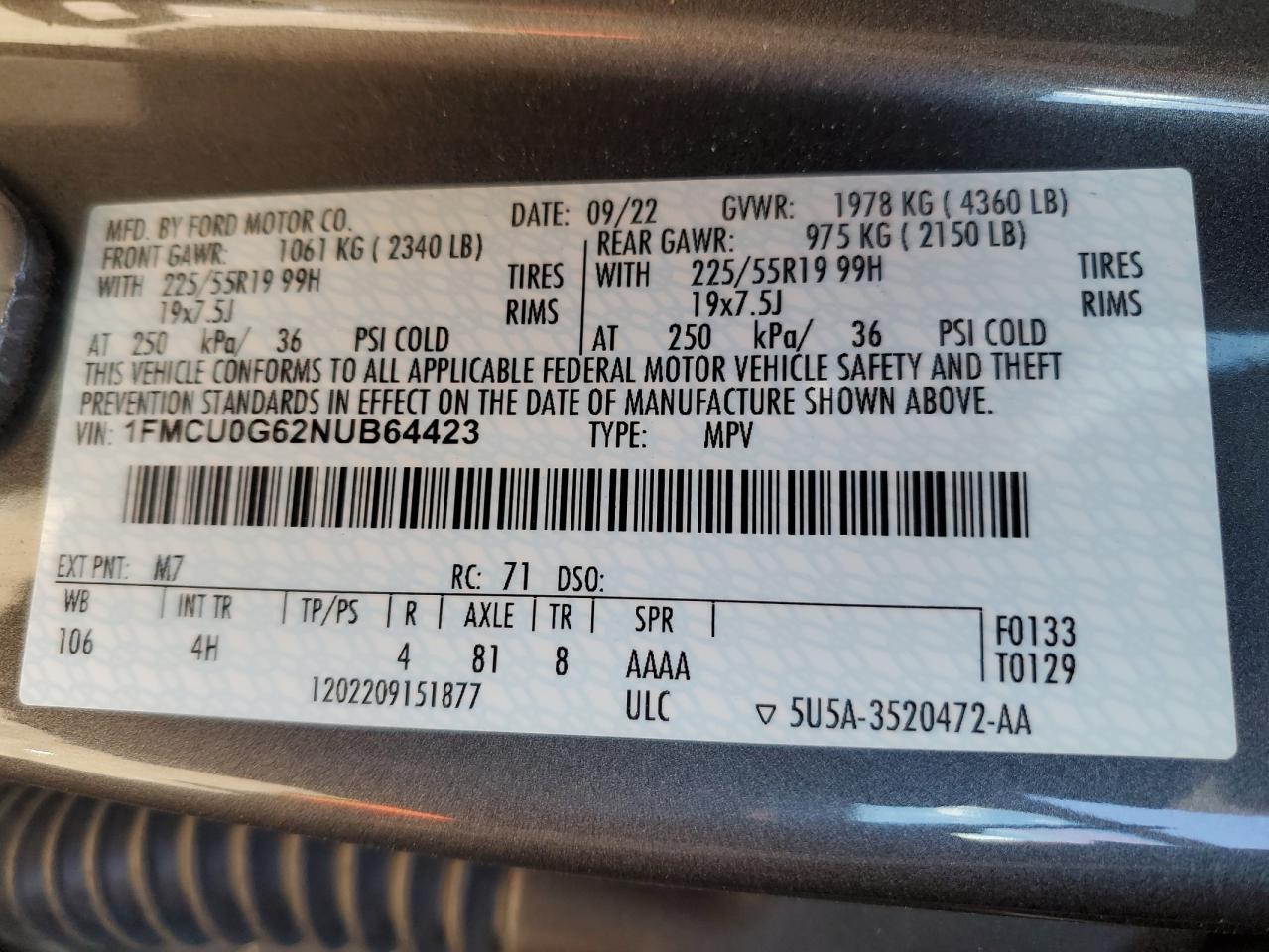 2022 Ford Escape VIN 1FMCU0G62NUB64423 Copart auction photo, minor dent/scratches damage thumbnail 15