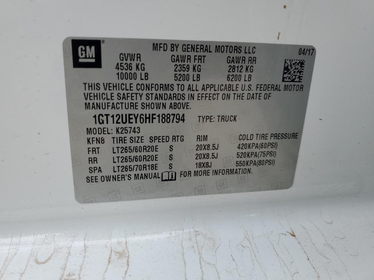 2017 GMC Sierra VIN 1GT12UEY6HF188794 Copart auction photo, side / frame damage damage thumbnail 12