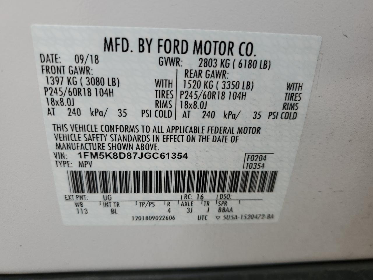 2018 Ford Explorer VIN 1FM5K8D87JGC61354 Copart auction photo, front end damage thumbnail 14