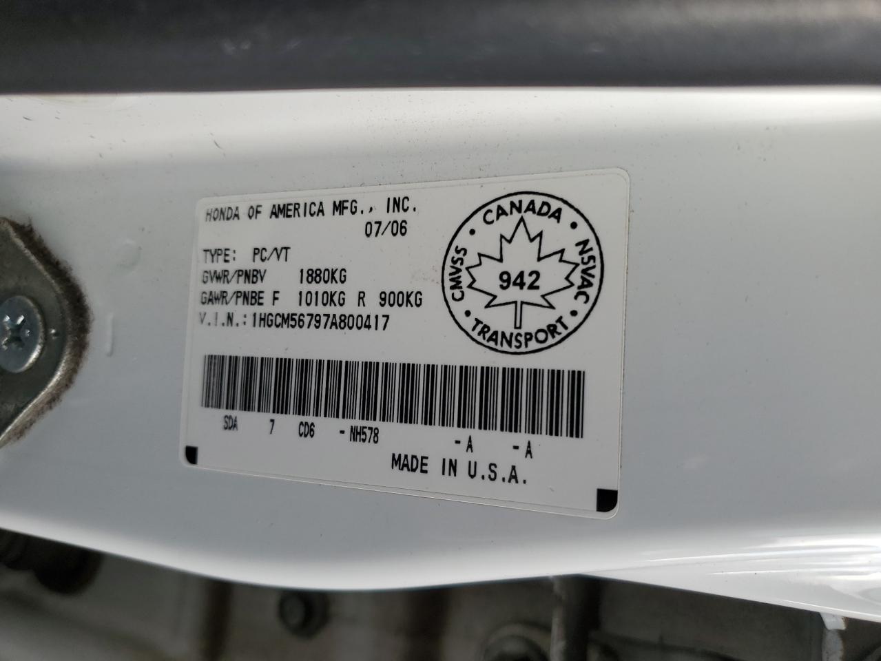 2007 Honda Accord VIN 1HGCM56797A800417 Copart auction photo, rear end / front end damage thumbnail 13