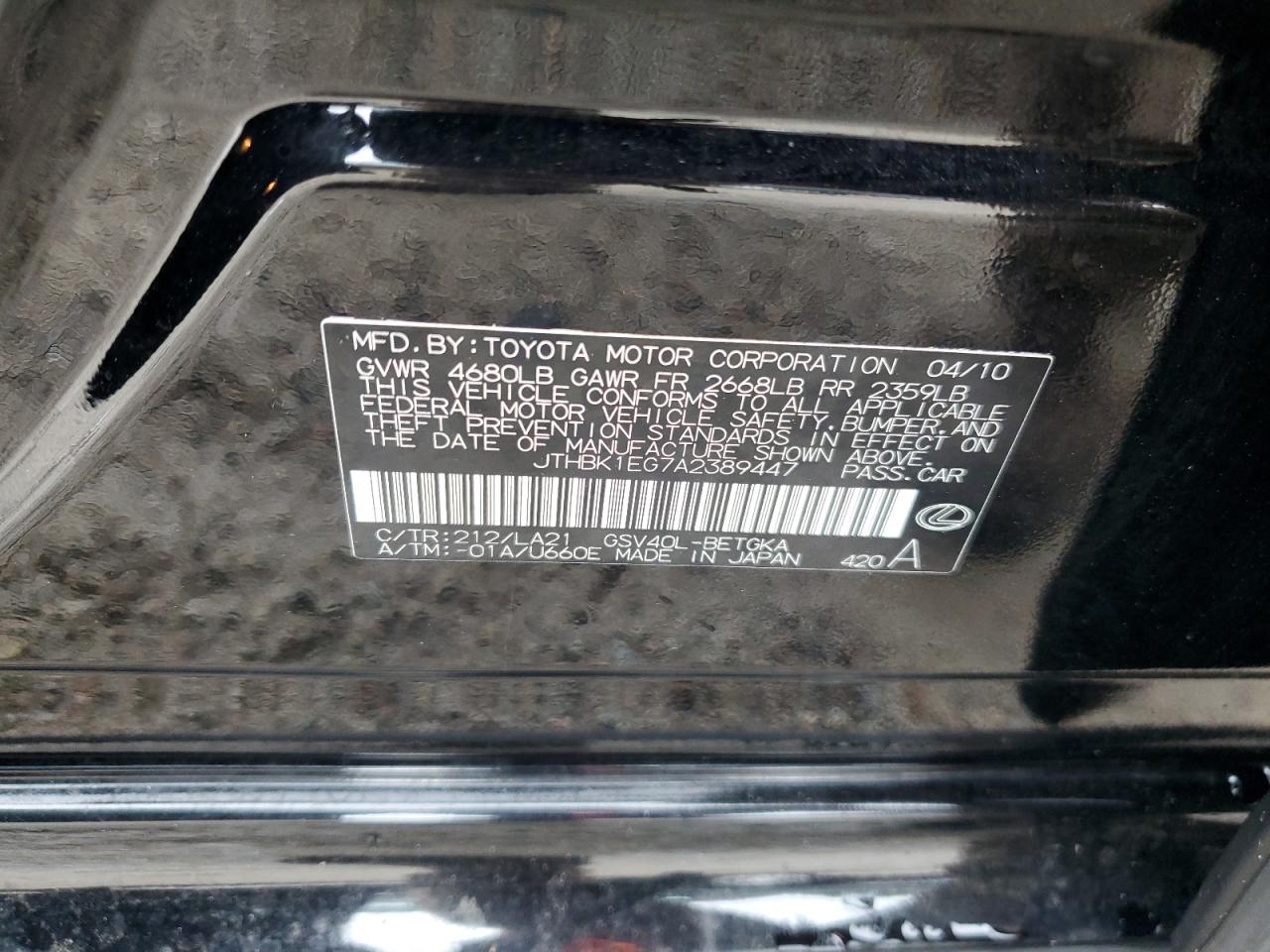 2010 Lexus ES VIN JTHBK1EG7A2389447 Copart auction photo, rear end damage thumbnail 14
