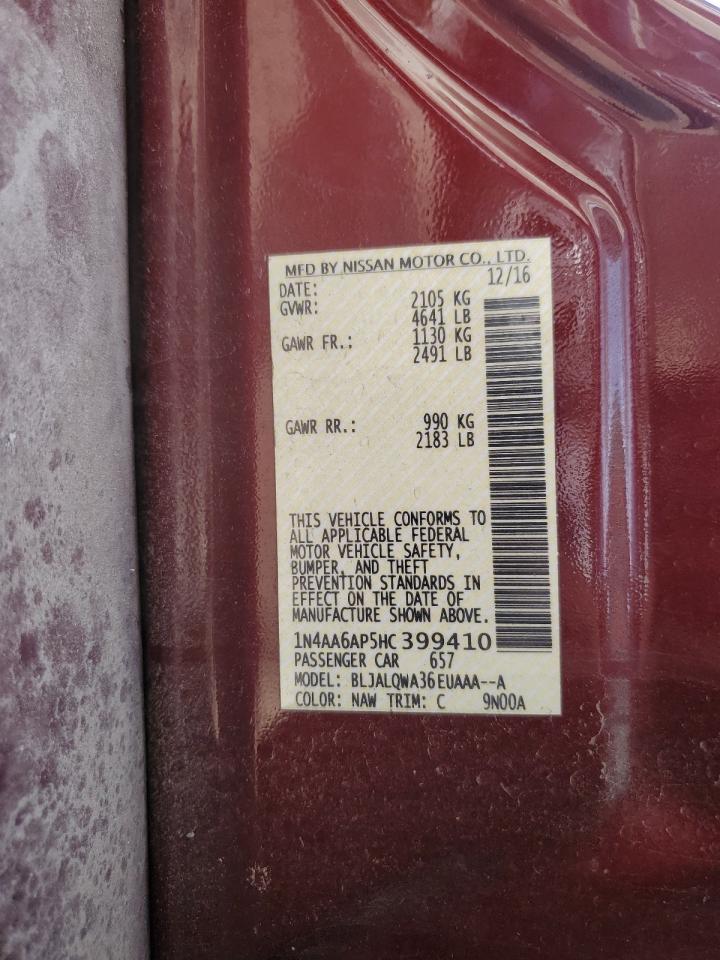 2017 Nissan Maxima VIN 1N4AA6AP5HC399410 Copart auction photo, front end damage thumbnail 13