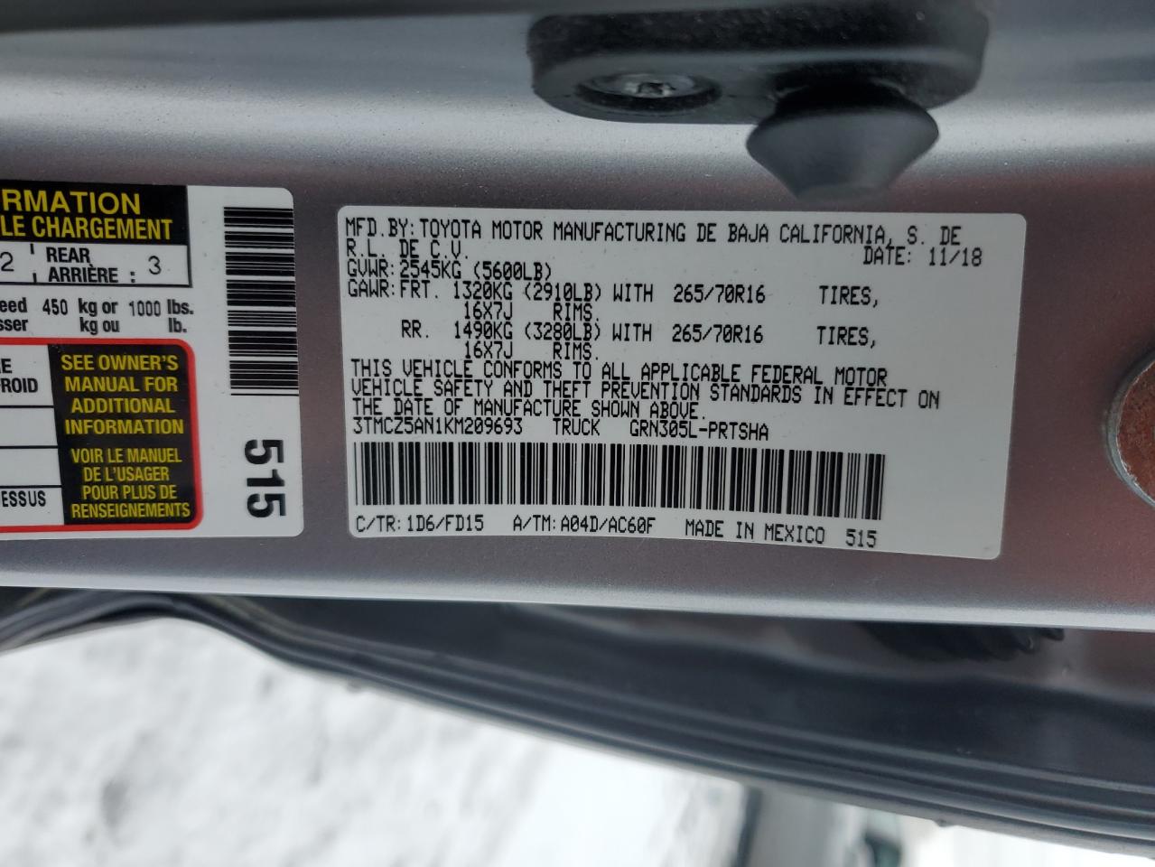 2019 Toyota Tacoma VIN 3TMCZ5AN1KM209693 Copart auction photo, side / rear end damage thumbnail 12