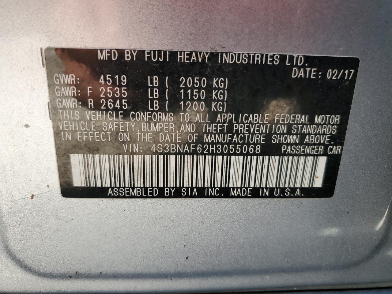 2017 Subaru Legacy VIN 4S3BNAF62H3055068 Copart auction photo, rear end damage thumbnail 12