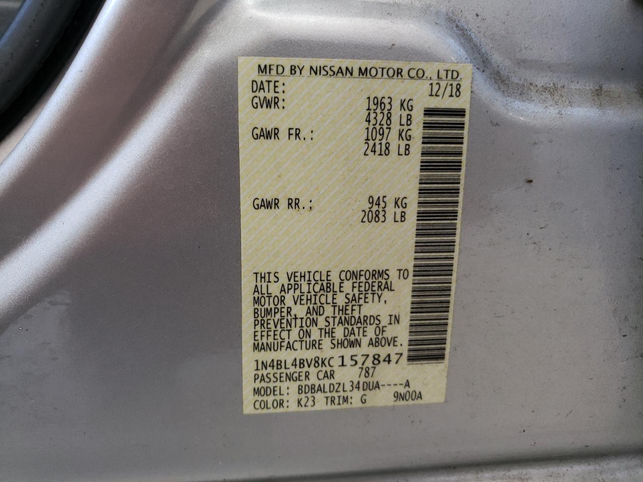 2019 Nissan Altima VIN 1N4BL4BV8KC157847 Copart auction photo, side damage thumbnail 14