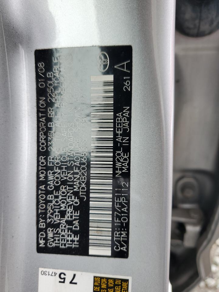 2008 Toyota Prius VIN JTDKB20U683366038 Copart auction photo, front end damage thumbnail 16