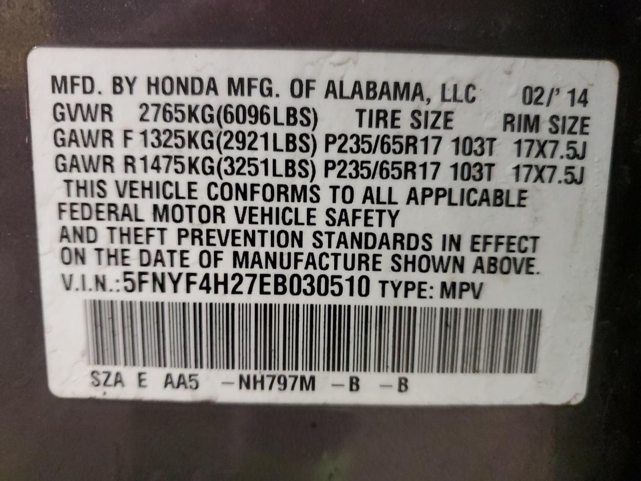 2014 Honda Pilot VIN 5FNYF4H27EB030510 Copart auction photo, front end damage thumbnail 14