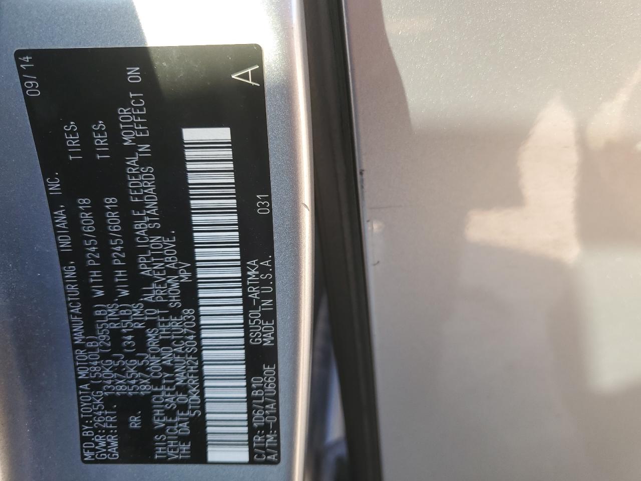 2015 Toyota Highlander VIN 5TDKKRFH2FS047038 Copart auction photo, front end / frame damage damage thumbnail 14