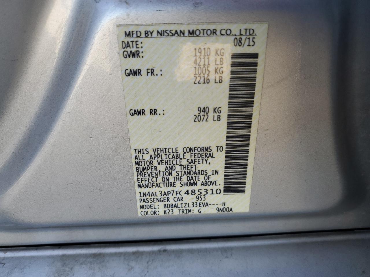 2015 Nissan Altima VIN 1N4AL3AP7FC485310 Copart auction photo, rear end damage thumbnail 13