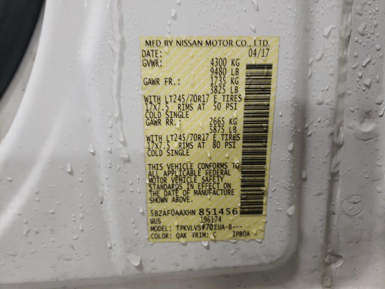 2017 Nissan NV VIN 5BZAF0AAXHN851456 Copart auction photo, rear end damage thumbnail 14