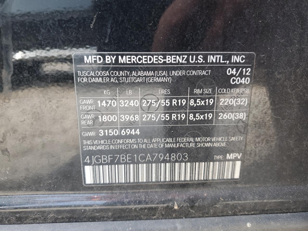 2012 Mercedes-Benz GL-klasse VIN 4JGBF7BE1CA794803 Copart auction photo, front end damage thumbnail 13
