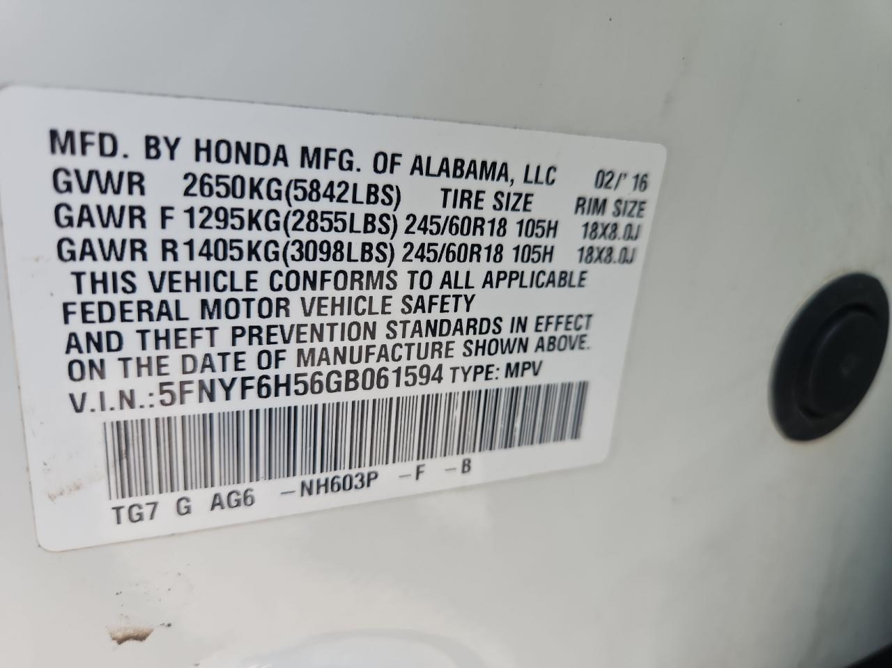 2016 Honda Pilot VIN 5FNYF6H56GB061594 Copart auction photo, normal wear / minor dent/scratches damage thumbnail 10