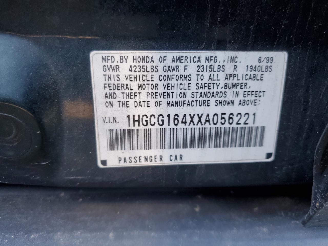 1999 Honda Accord VIN 1HGCG164XXA056221 Copart auction photo, rear end damage thumbnail 12