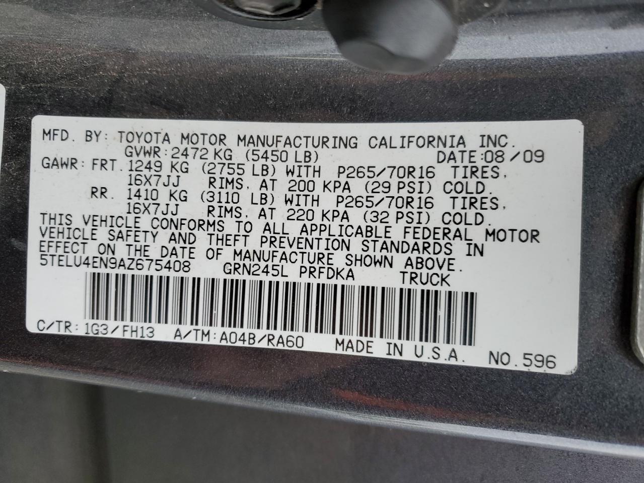 2010 Toyota Tacoma VIN 5TELU4EN9AZ675408 Copart auction photo, front end / undercarriage damage thumbnail 14