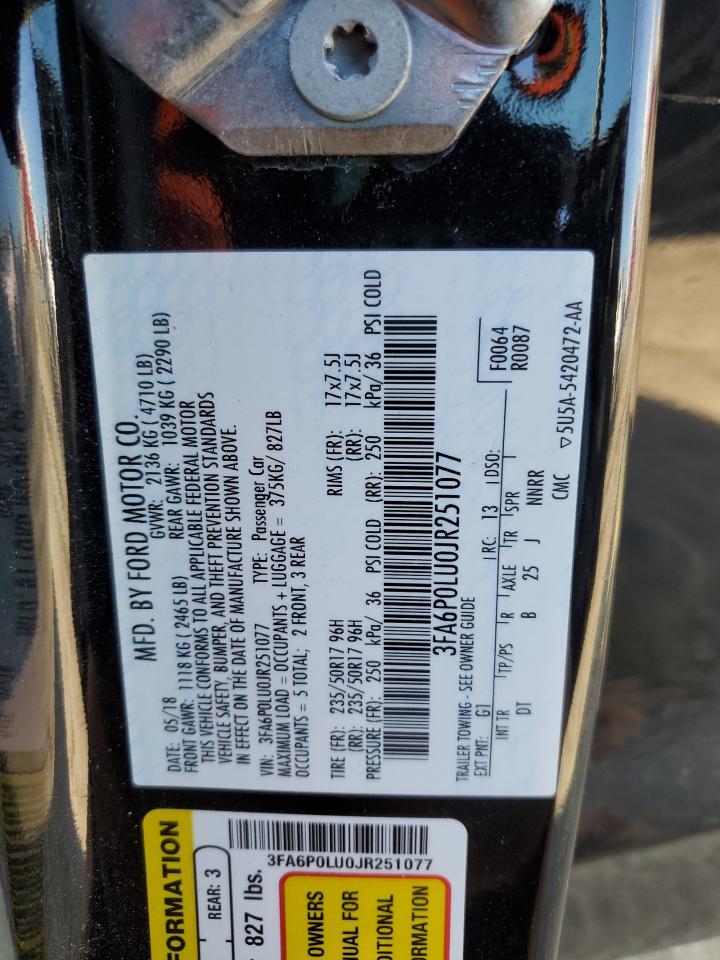 2018 Ford Fusion VIN 3FA6P0LU0JR251077 Copart auction photo, front end damage thumbnail 13
