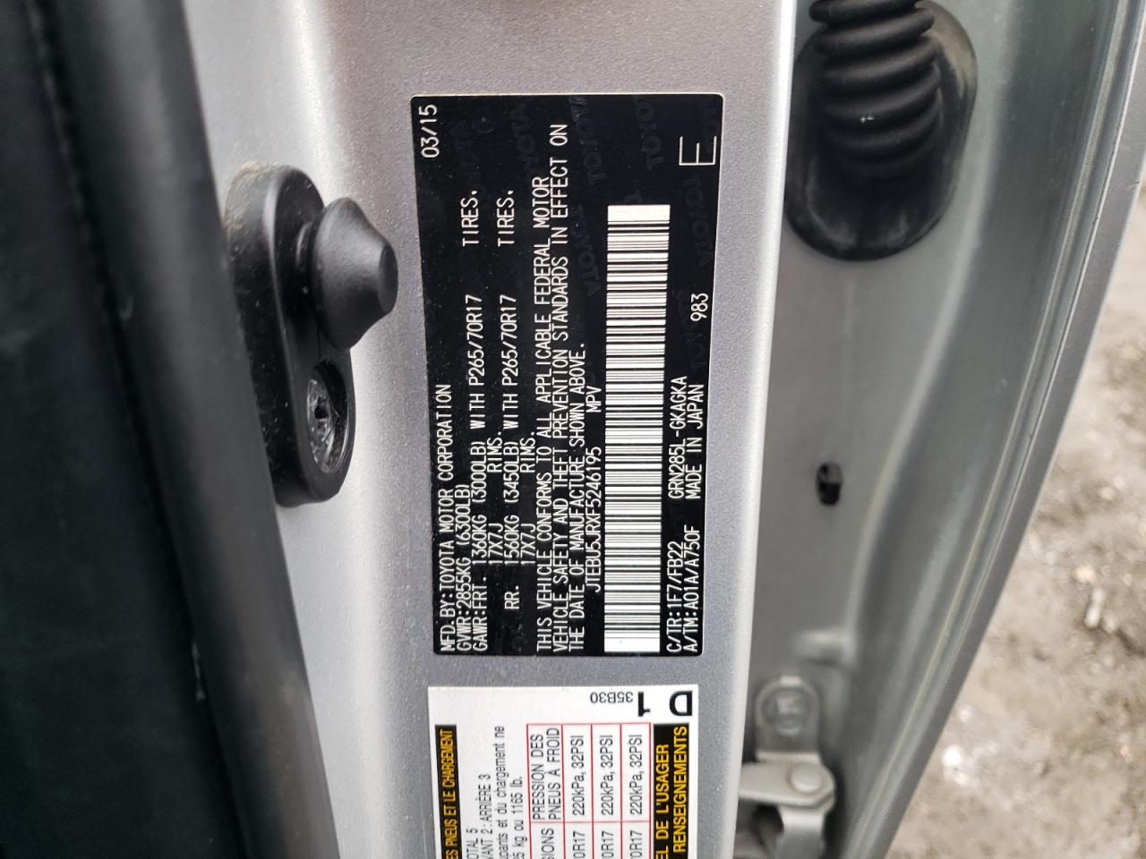 2015 Toyota 4Runner VIN JTEBU5JRXF5246195 Copart auction photo, front end / minor dent/scratches damage thumbnail 13