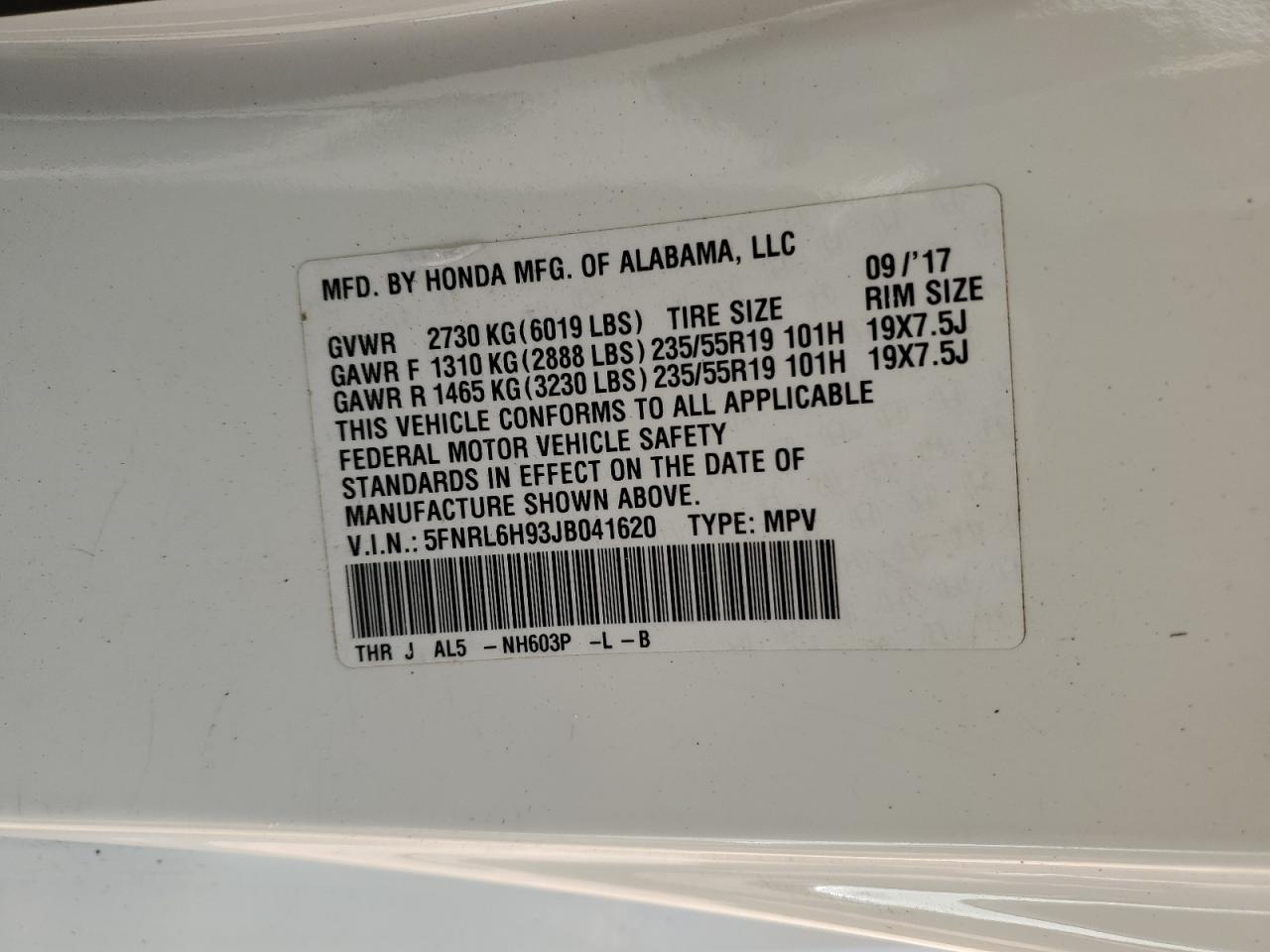 2018 Honda Odyssey VIN 5FNRL6H93JB041620 Copart auction photo, all over damage thumbnail 15
