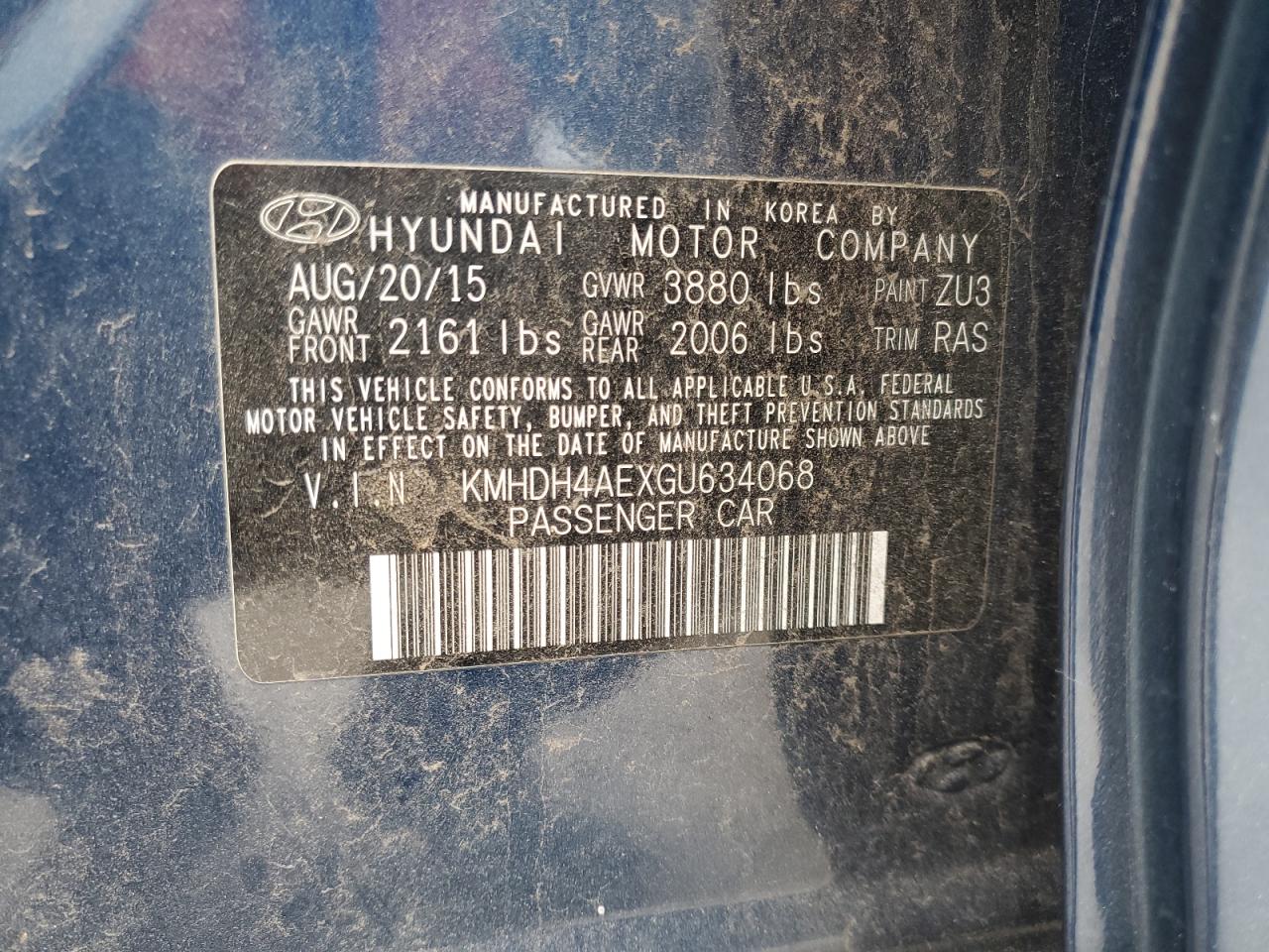 2016 Hyundai Elantra VIN KMHDH4AEXGU634068 Copart auction photo, side / minor dent/scratches damage thumbnail 12