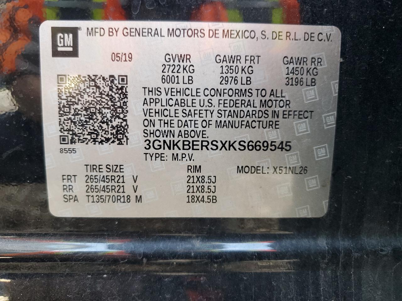 2019 Chevrolet Blazer VIN 3GNKBERSXKS669545 Copart auction photo, rear end / side damage thumbnail 13