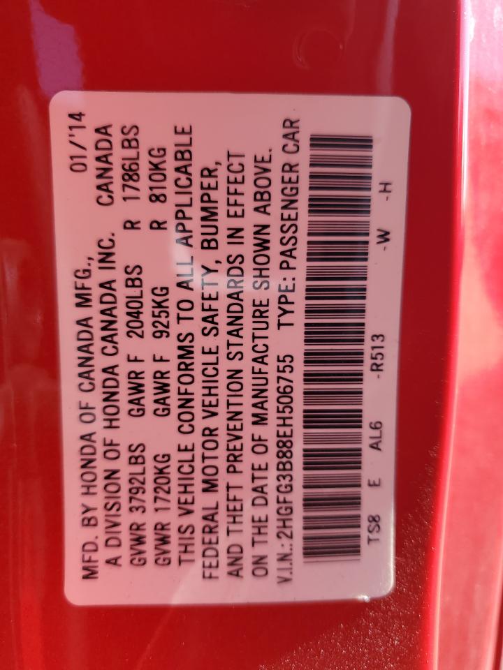 2014 Honda Civic VIN 2HGFG3B88EH506755 Copart auction photo, rear end / front end damage thumbnail 13