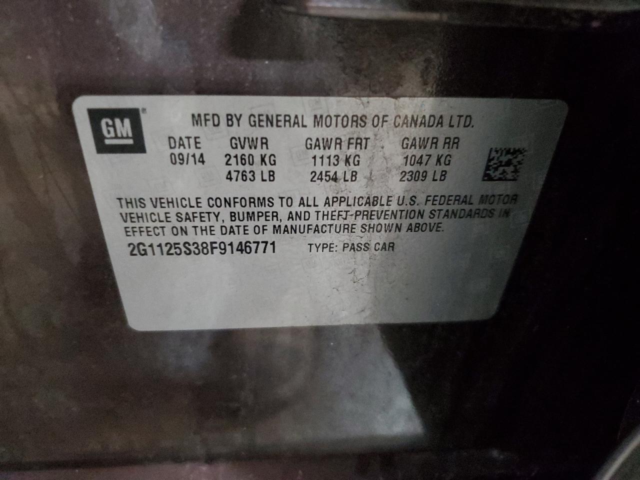 2015 Chevrolet Impala VIN 2G1125S38F9146771 Copart auction photo, front end / rear end damage thumbnail 12