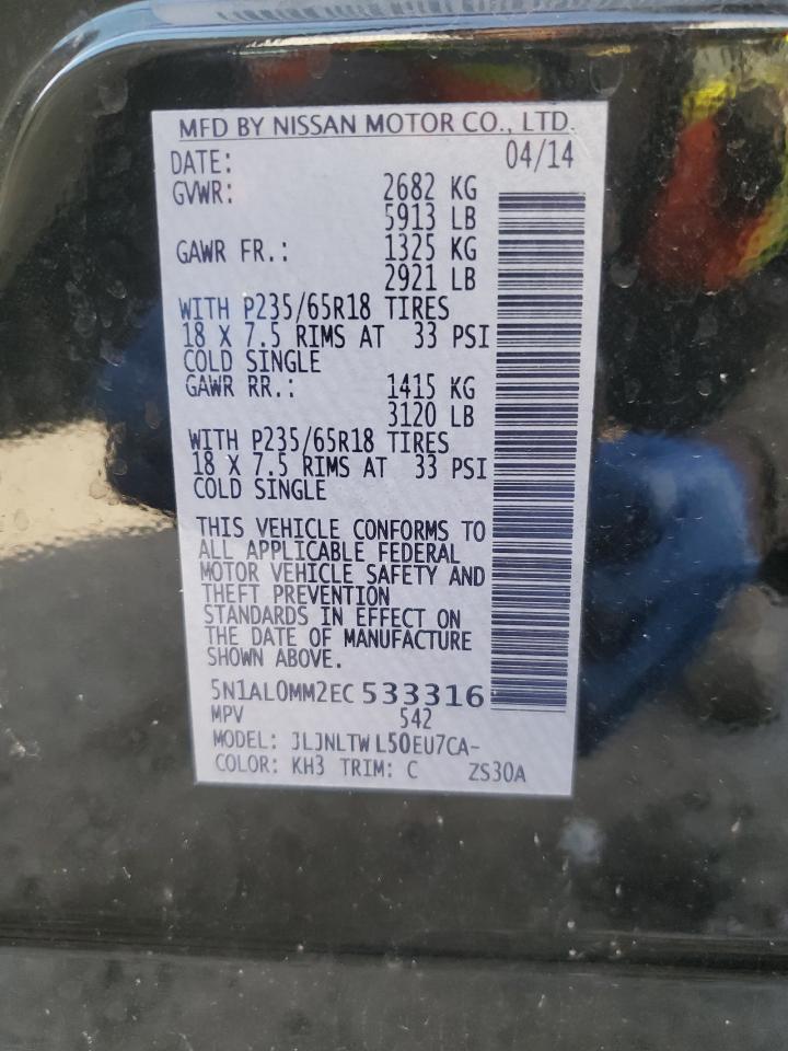 2014 Infiniti QX60 VIN 5N1AL0MM2EC533316 Copart auction photo, front end damage thumbnail 13