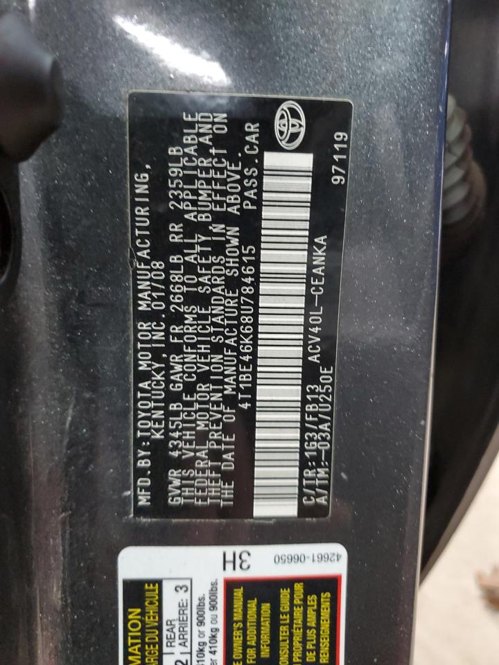 2008 Toyota Camry VIN 4T1BE46K68U784615 Copart auction photo, front end damage thumbnail 12