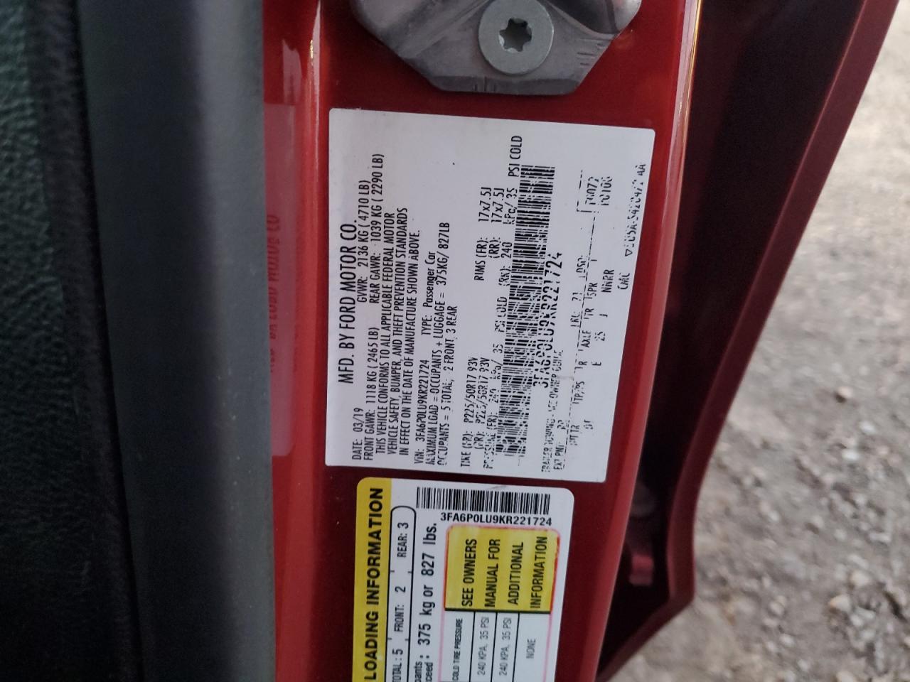 2019 Ford Fusion VIN 3FA6P0LU9KR221724 Copart auction photo, front end damage thumbnail 12