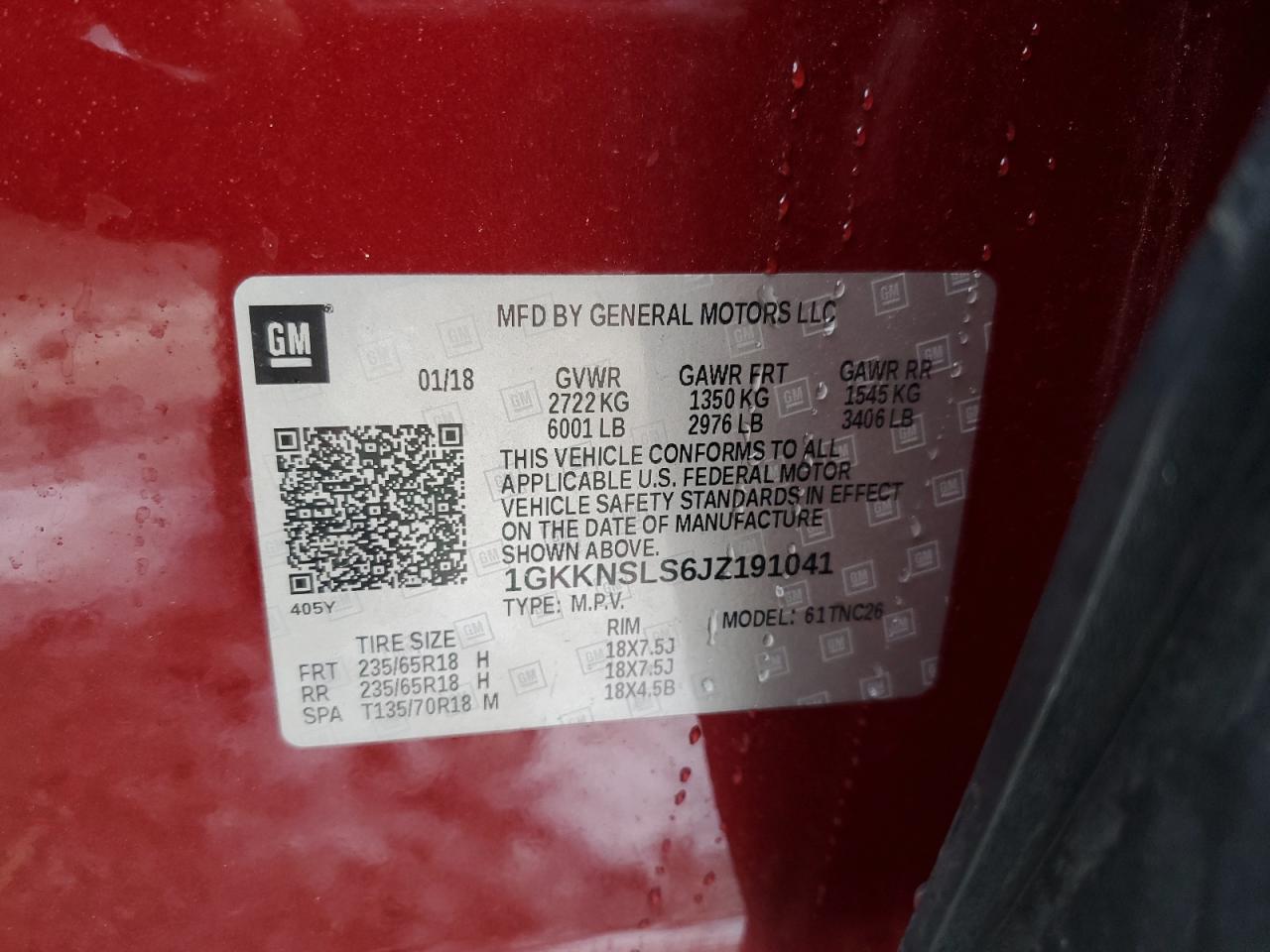 2018 GMC Acadia VIN 1GKKNSLS6JZ191041 Copart auction photo, front end damage thumbnail 13