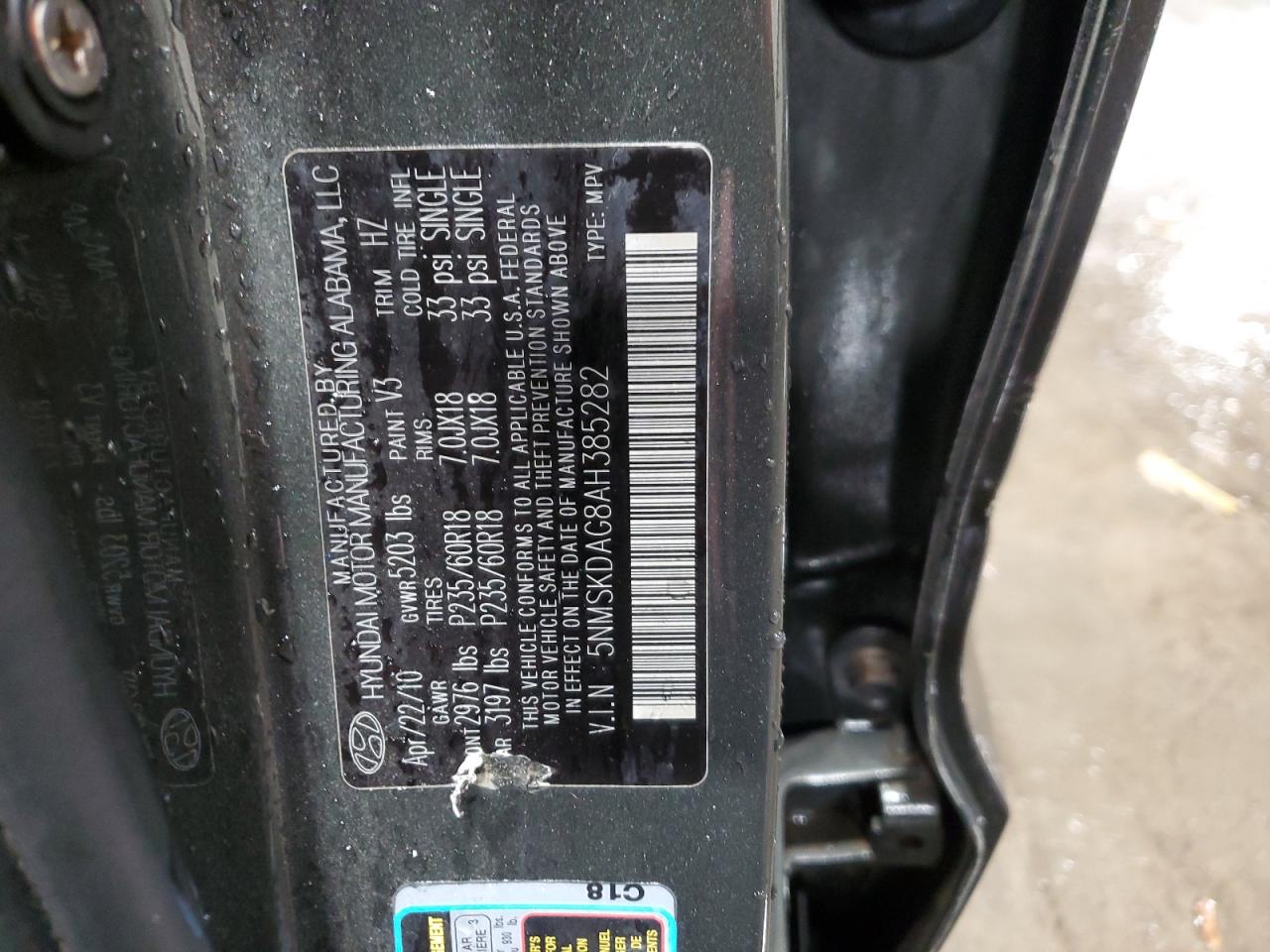 2010 Hyundai Santa Fe VIN 5NMSKDAG8AH385282 Copart auction photo, side damage thumbnail 13