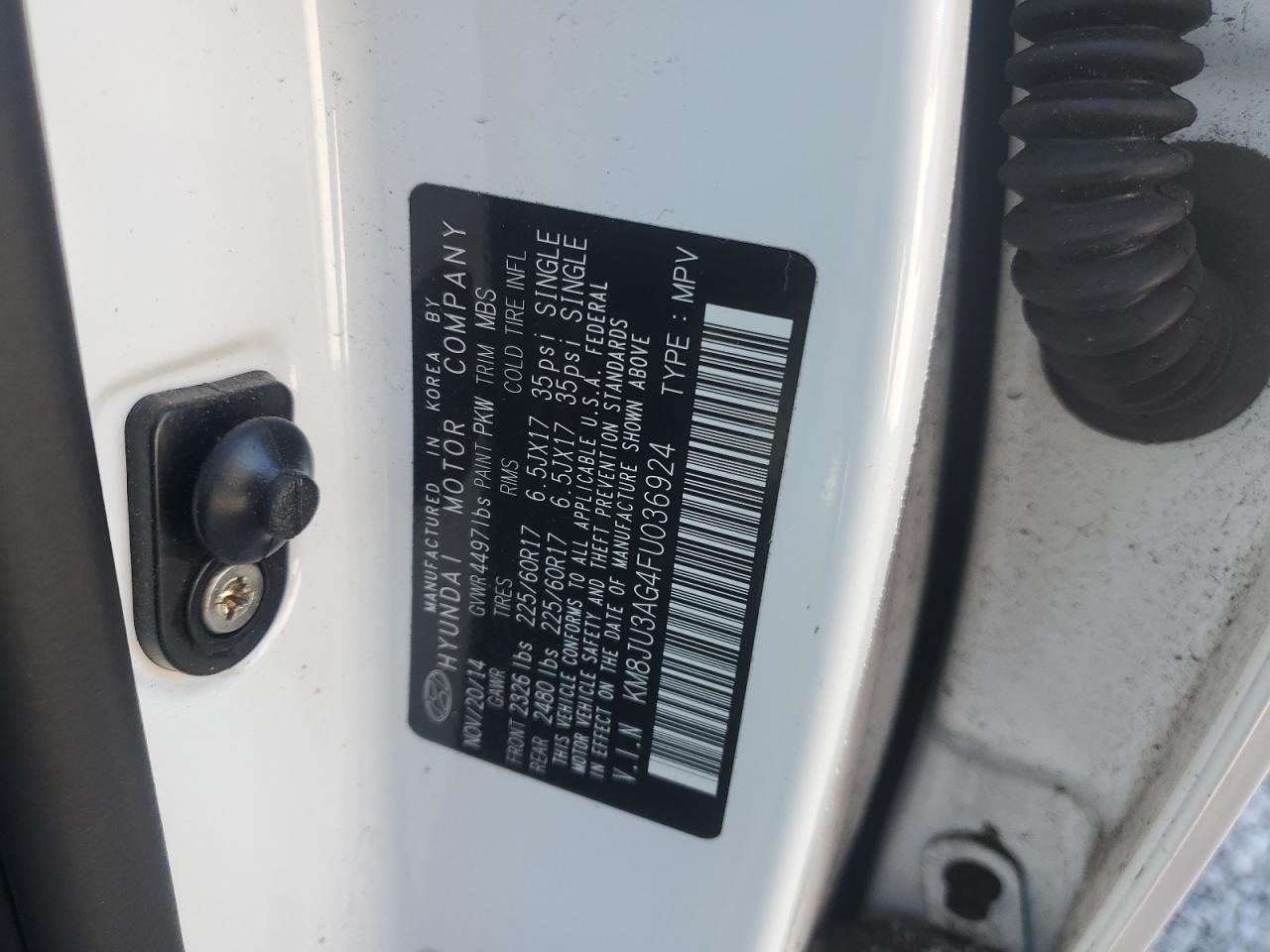 2015 Hyundai Tucson VIN KM8JU3AG4FU036924 Copart auction photo, water/flood damage thumbnail 14