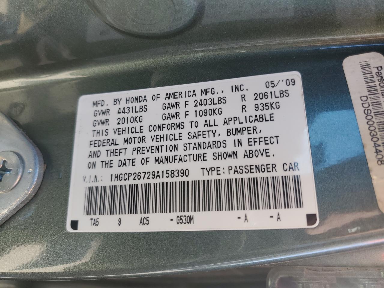 2009 Honda Accord VIN 1HGCP26729A158390 Copart auction photo, front end / minor dent/scratches damage thumbnail 12