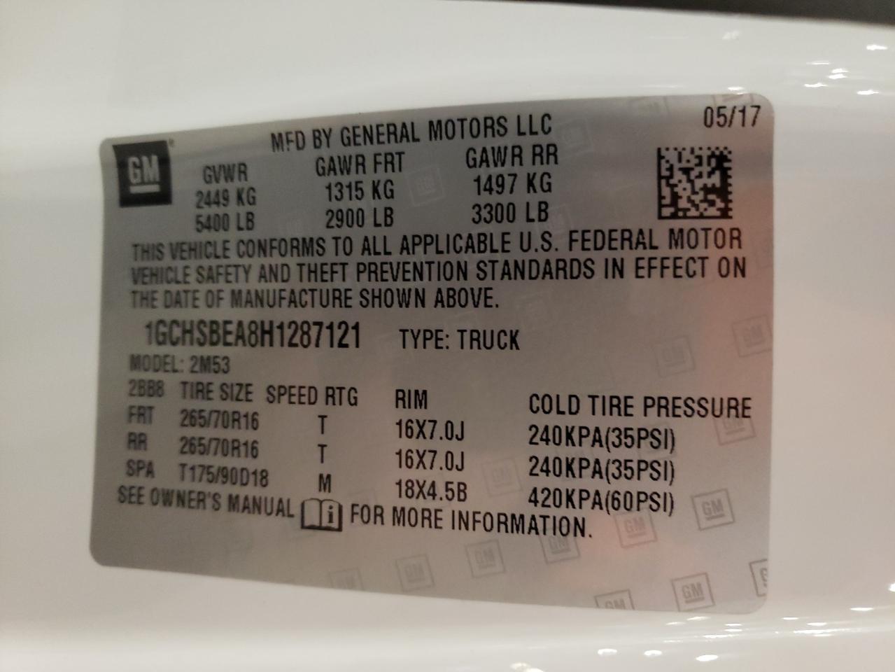 2017 Chevrolet Colorado VIN 1GCHSBEA8H1287121 Copart auction photo, front end damage thumbnail 14