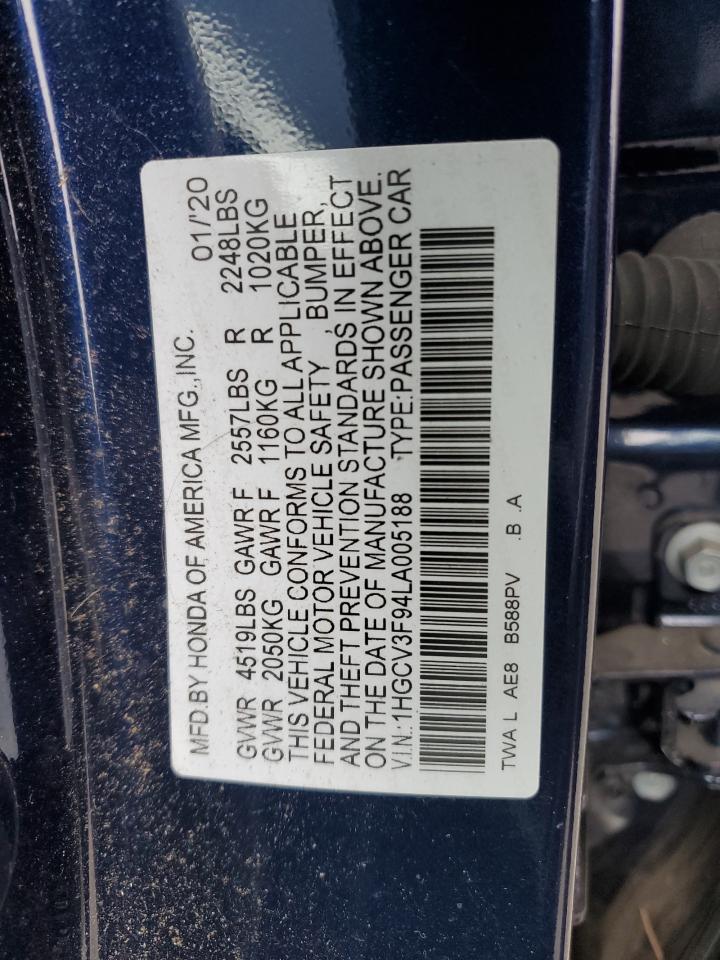 2020 Honda Accord VIN 1HGCV3F94LA005188 Copart auction photo, front end damage thumbnail 14