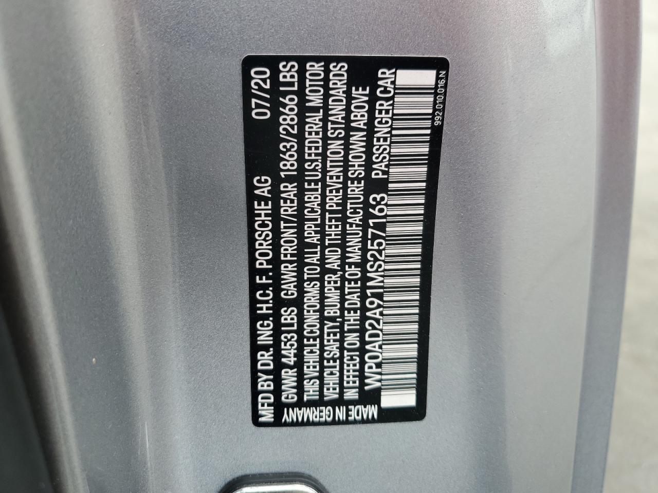 2021 Porsche 911 VIN WP0AD2A91MS257163 Copart auction photo, side / undercarriage damage thumbnail 15