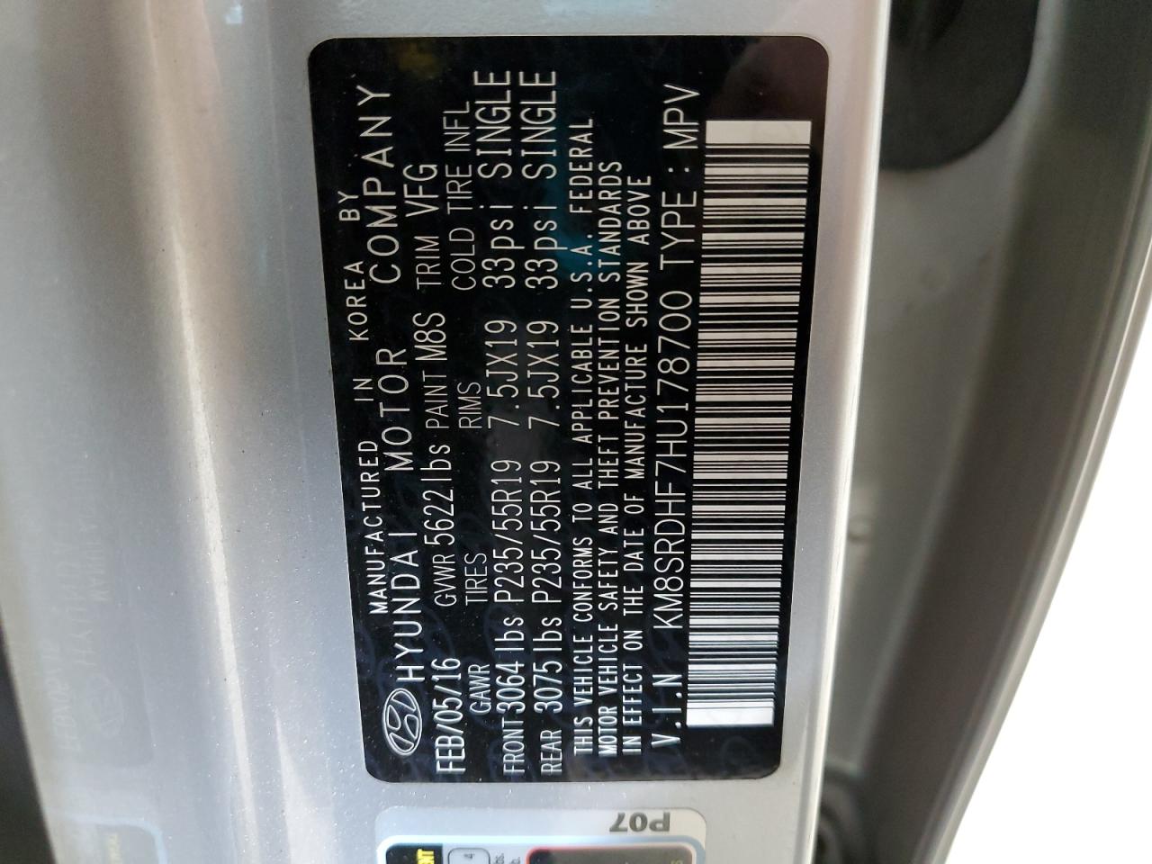 2017 Hyundai Santa Fe VIN KM8SRDHF7HU178700 Copart auction photo, minor dent/scratches damage thumbnail 13