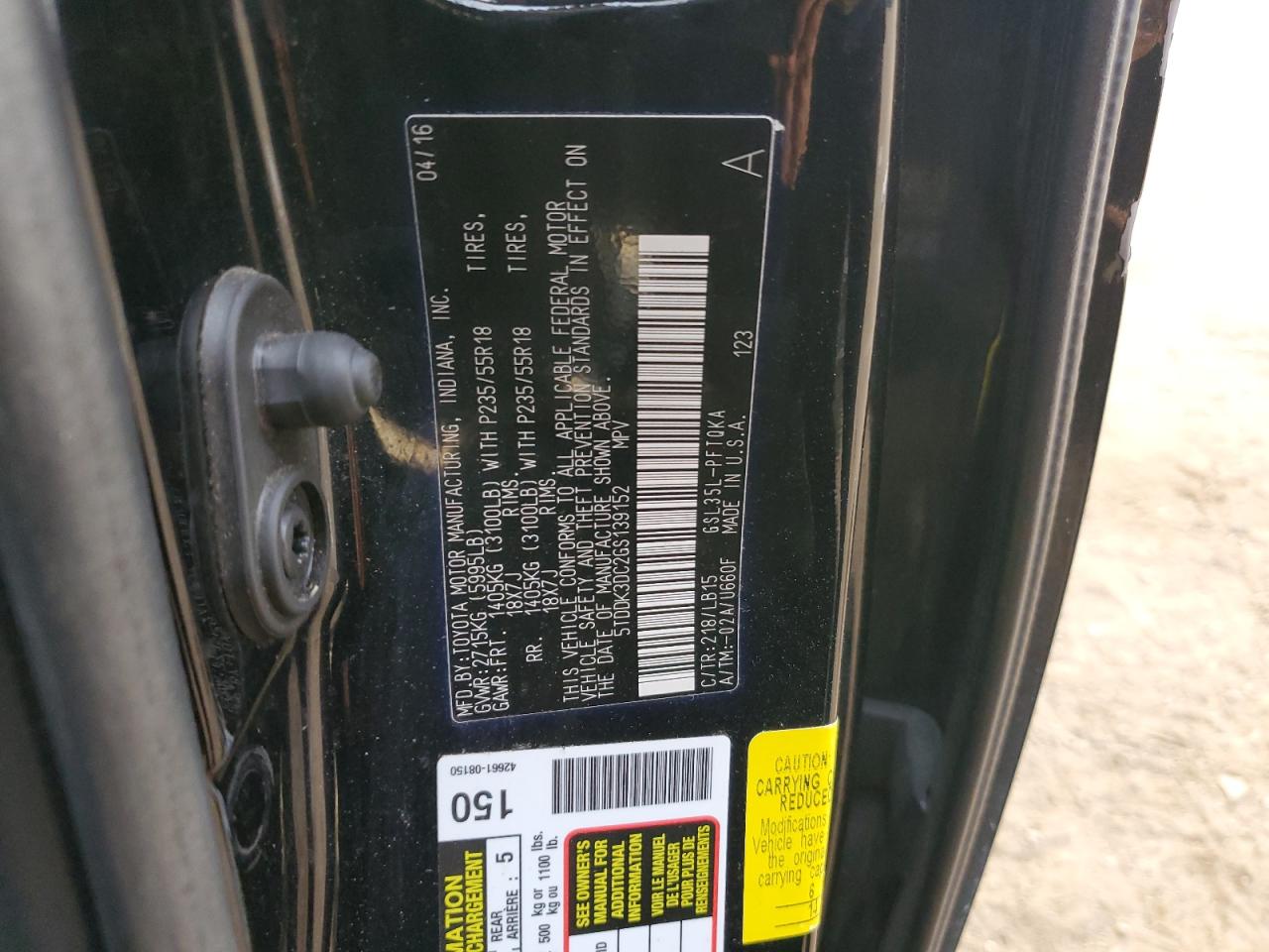 2016 Toyota Sienna VIN 5TDDK3DC2GS139152 Copart auction photo, front end damage thumbnail 13