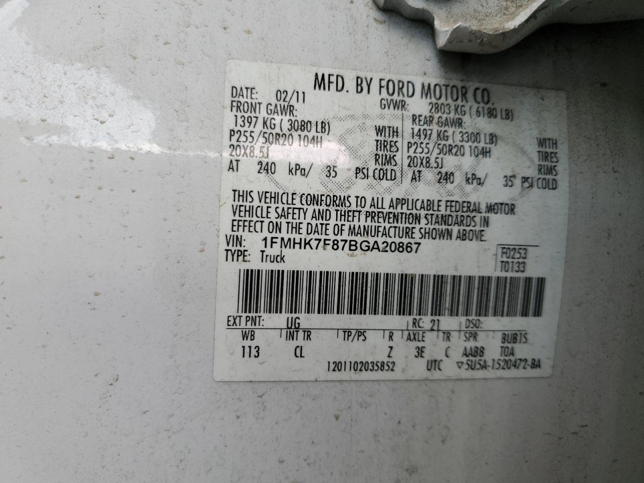 2011 Ford Explorer VIN 1FMHK7F87BGA20867 Copart auction photo, front end damage thumbnail 14
