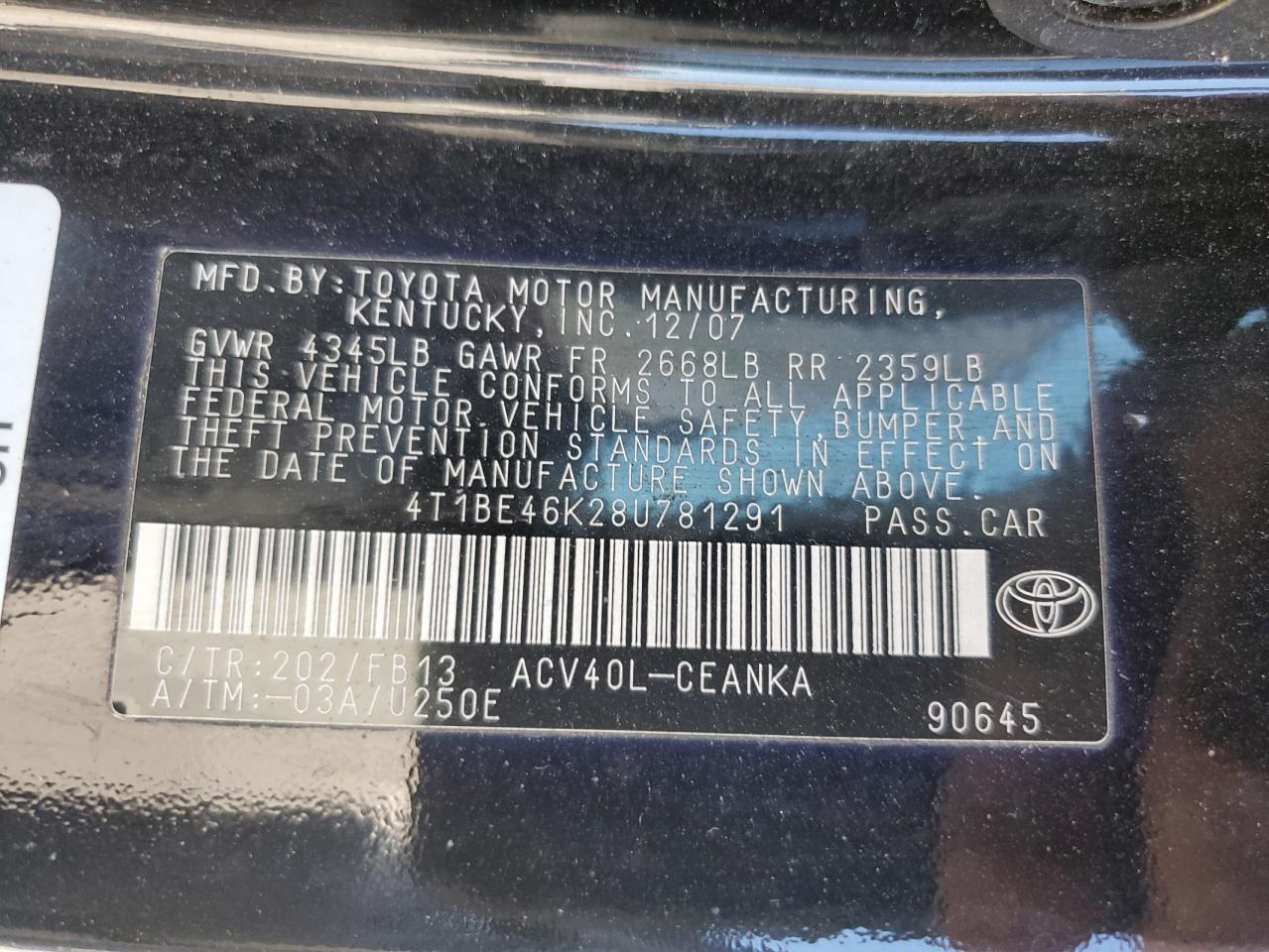 2008 Toyota Camry VIN 4T1BE46K28U781291 Copart auction photo, front end / side damage thumbnail 13