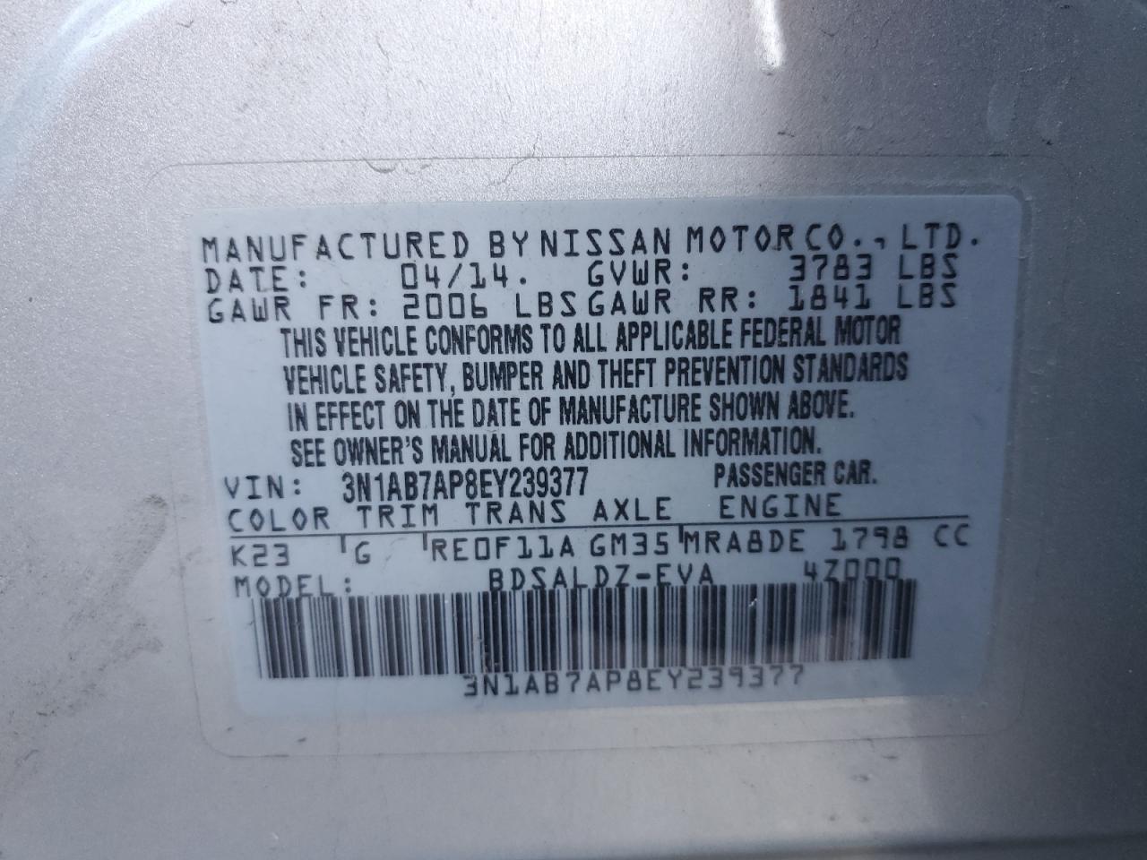 2014 Nissan Sentra VIN 3N1AB7AP8EY239377 Copart auction photo, side / front end damage thumbnail 12