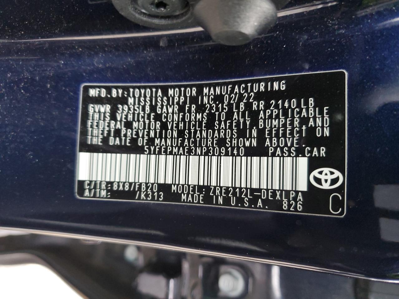 2022 Toyota Corolla VIN 5YFEPMAE3NP309140 Copart auction photo, front end / side damage thumbnail 12