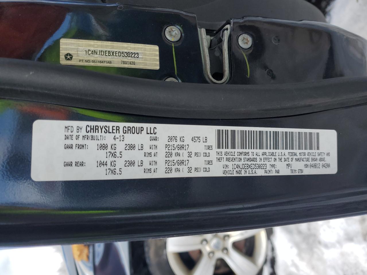 2014 Jeep Compass VIN 1C4NJDEBXED530223 Copart auction photo, all over damage thumbnail 13