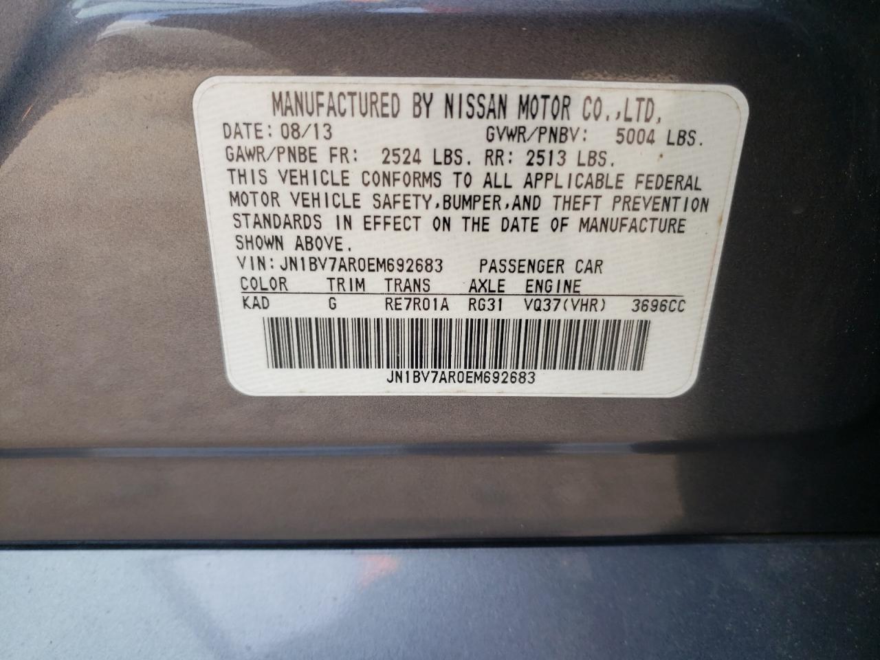 2014 Infiniti Q50 VIN JN1BV7AR0EM692683 Copart auction photo, front end damage thumbnail 12